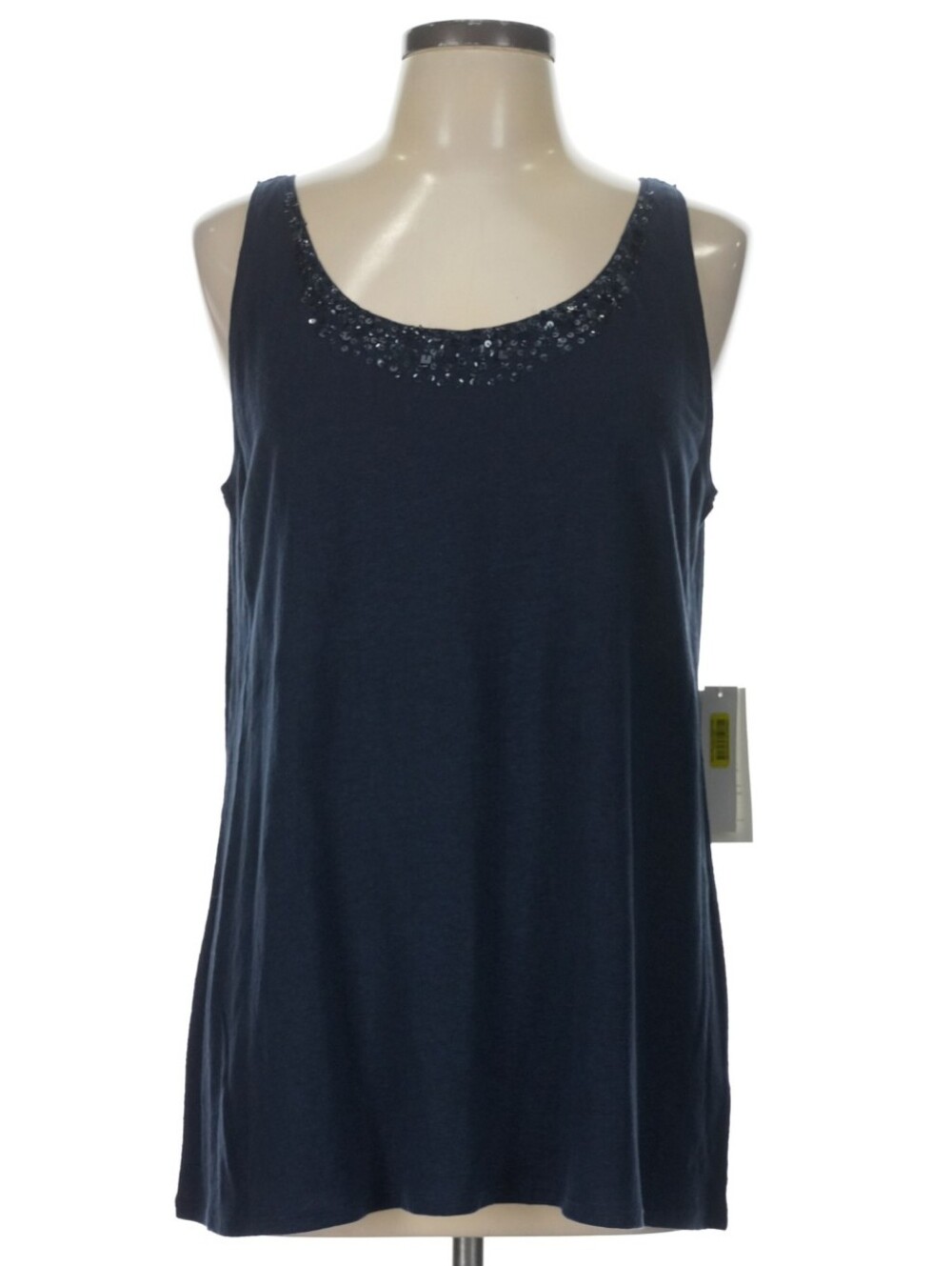 Eileen Fisher Women Size L Navy Linen Jersey Sequin Scoop Neck Tank Top NWT